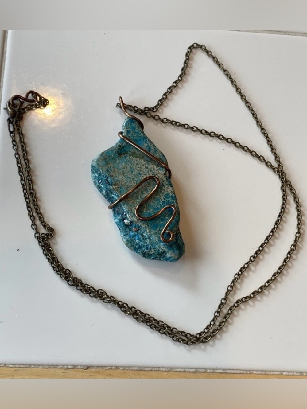 Genuine Real Blue Moon Turquoise Necklace Pendant 2.5”H Wire Wrapped  26” chain